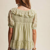 LACE TRIM RUFFLE BLOUSE