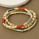 Stone Tube And Gold Bead Three Strand Bracelet