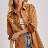 FAUX SUEDE BUTTON DOWN ROLL-UP SLEEVE SHACKET