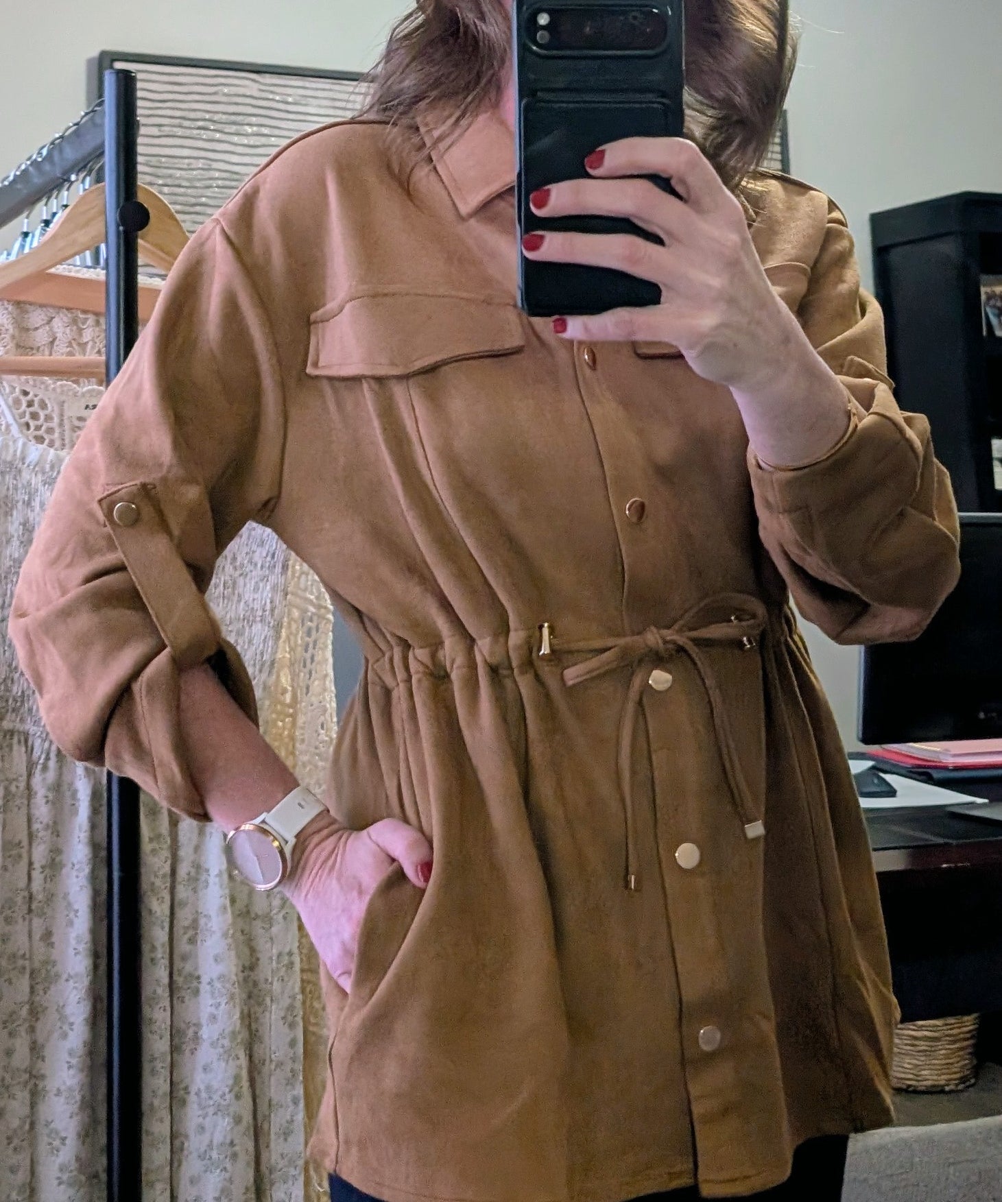 FAUX SUEDE BUTTON DOWN ROLL-UP SLEEVE SHACKET