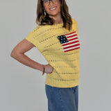 AMERICAN FLAG PATCH SHORT SLEEVE KNIT SWEATER TOP