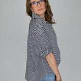 OVERSIZED SHORT SLEEVE BUTTON DOWN STRIPED SHIRT