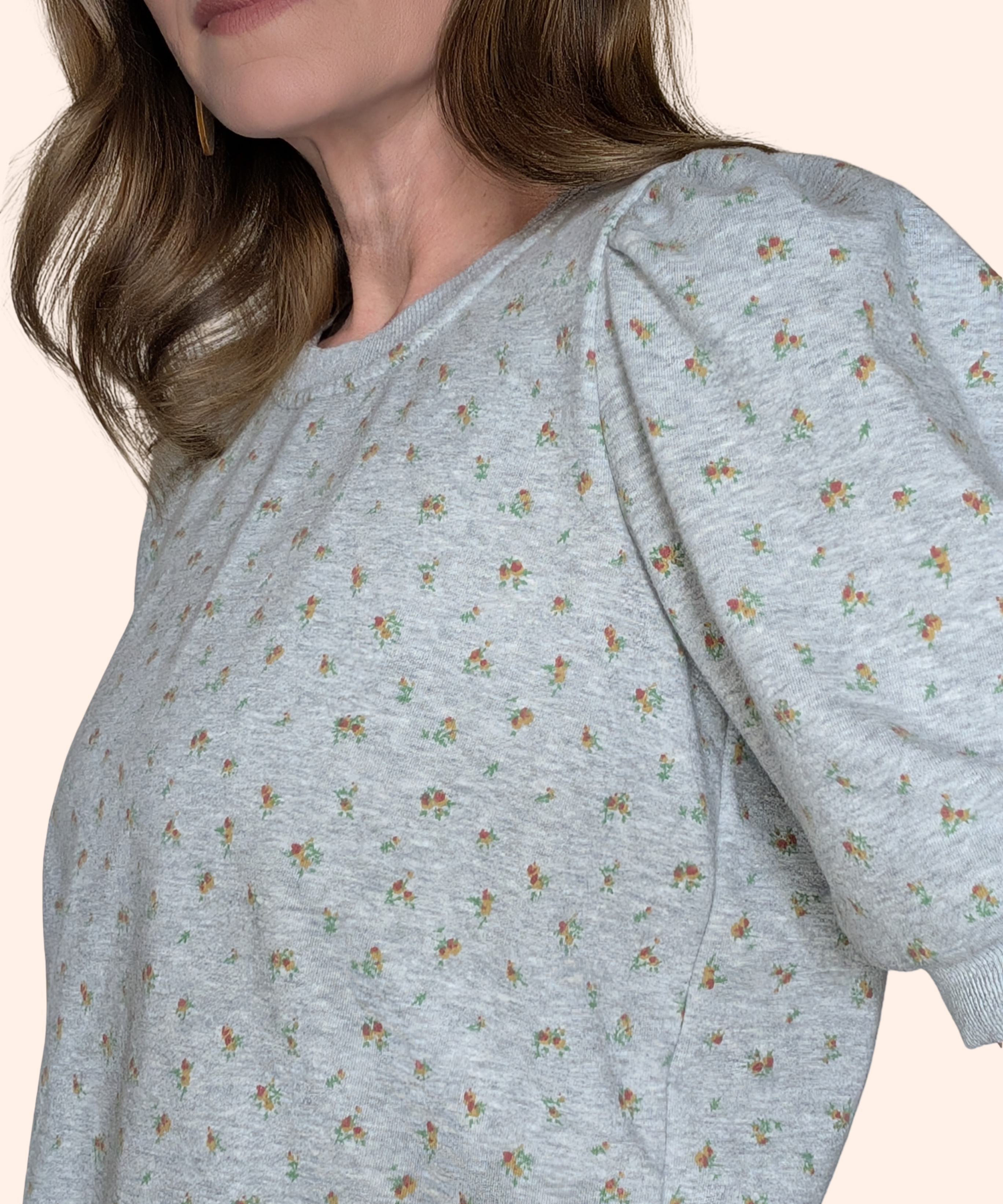 FLORAL PRINT PUFF SHORT SLEEVE FRENCH TERRY TOP