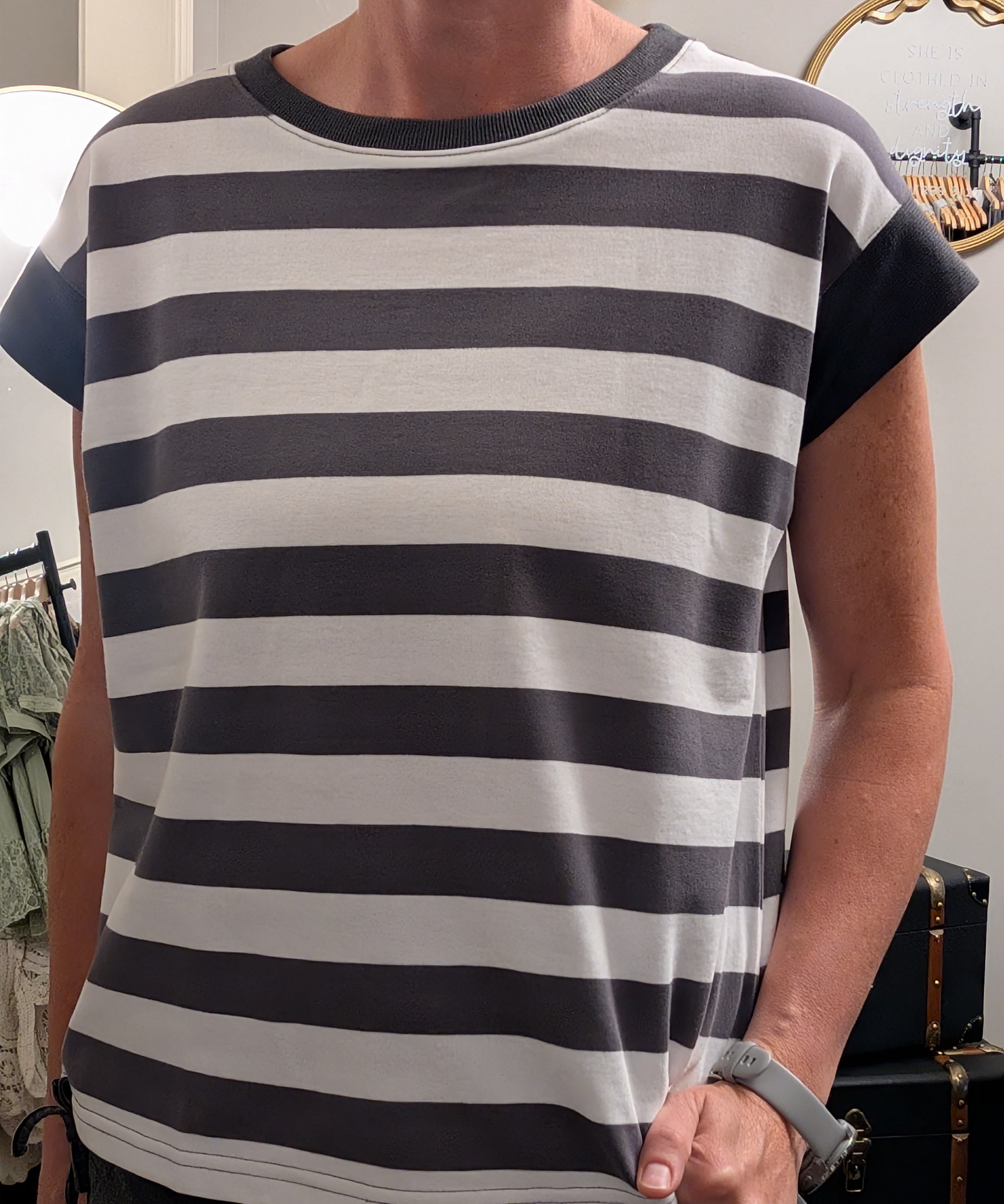 GRAY AND WHITE STRIPED TOP