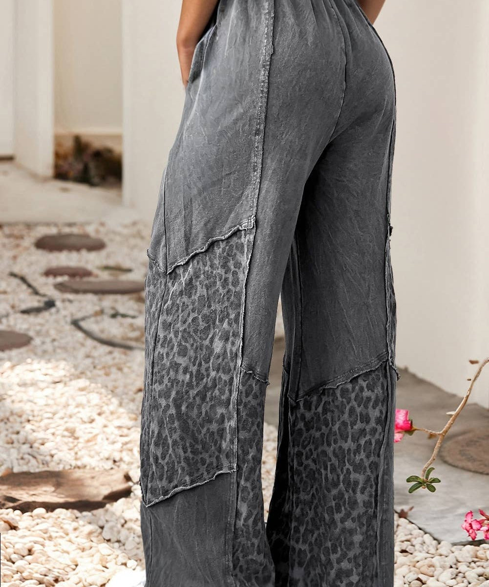 LEOPARD PATCHWORK LOOSE PANTS - GREY