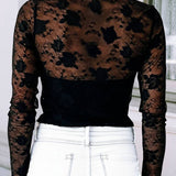 MOCK NECK FLORAL LACE MESH LONG SLEEVE TOP