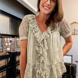 LACE TRIM RUFFLE BLOUSE