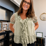 LACE TRIM RUFFLE BLOUSE