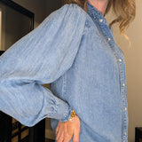 RUFFLE NECK DENIM SNAP BUTTON SHIRT