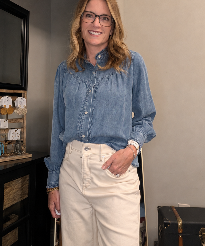RUFFLE NECK DENIM SNAP BUTTON SHIRT