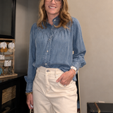 RUFFLE NECK DENIM SNAP BUTTON SHIRT