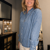 RUFFLE NECK DENIM SNAP BUTTON SHIRT