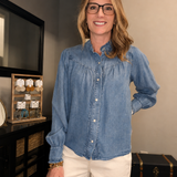 RUFFLE NECK DENIM SNAP BUTTON SHIRT